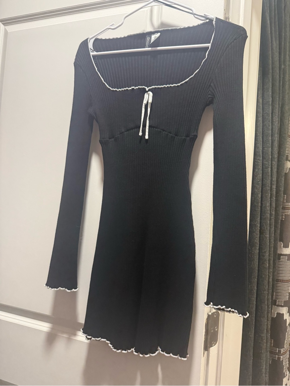 H&M Black Ribbed Long-Sleeve Mini Dress with White Lettuce Trim